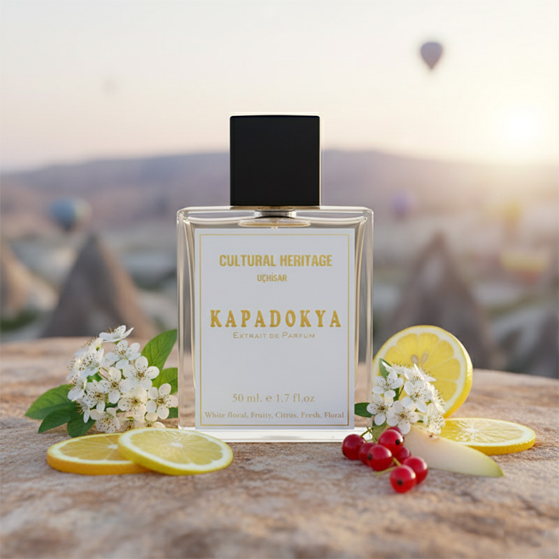 Detailed Shot: Cappadocia Perfume Bottle & Fresh Ingredients
