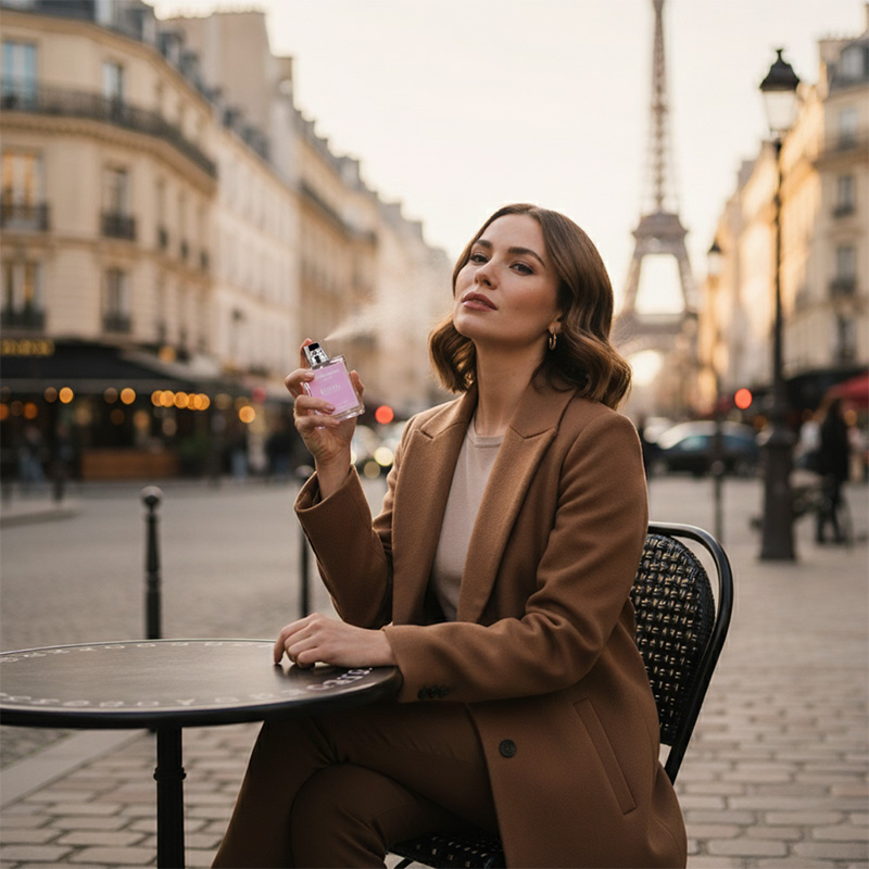 Eiffel Perfume Usage Context Elegant Woman Applying Romantic Perfume in Parisian Setting