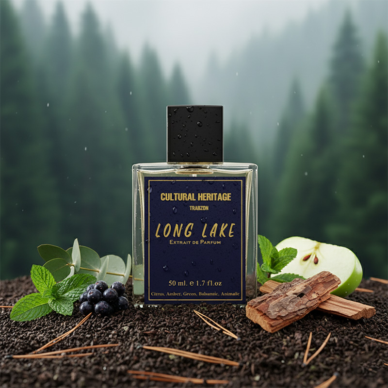 Detailed Shot: Long Lake Perfume Bottle and Forest Ingredients