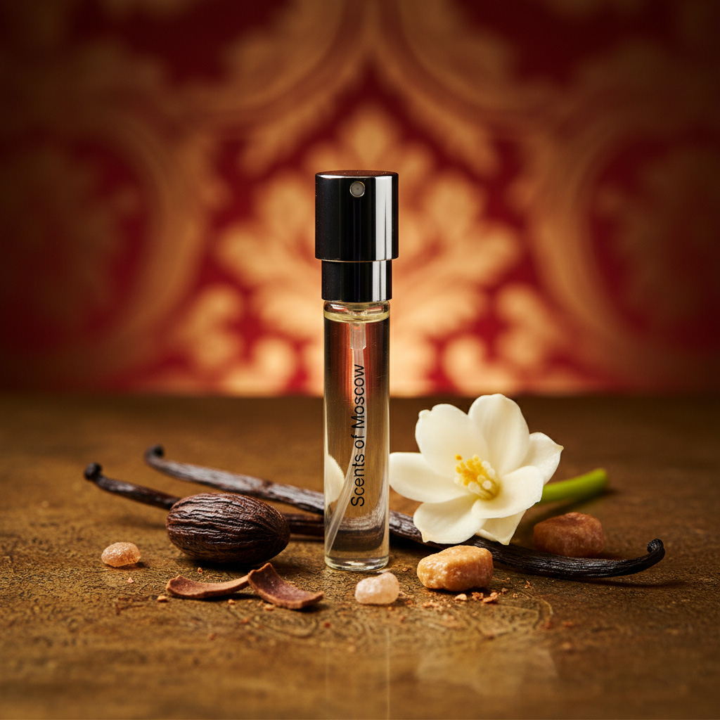 Detailed close-up of Extrait de Parfum bottle and gourmand ingredients