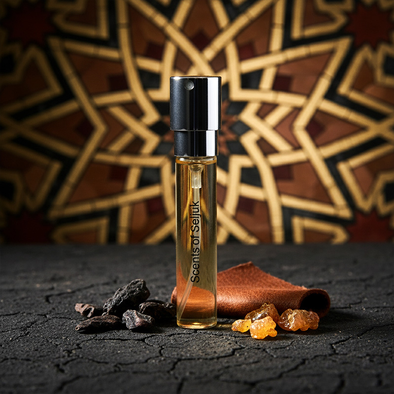 Detailed close-up of Extrait de Parfum bottle and oriental ingredients