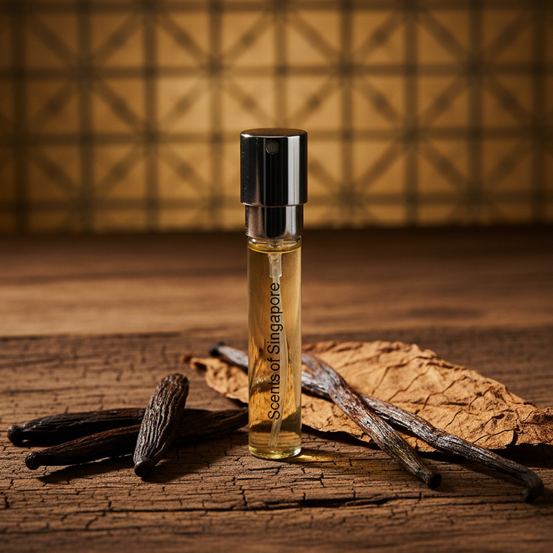Detailed close-up of Extrait de Parfum bottle and sweet oriental ingredients