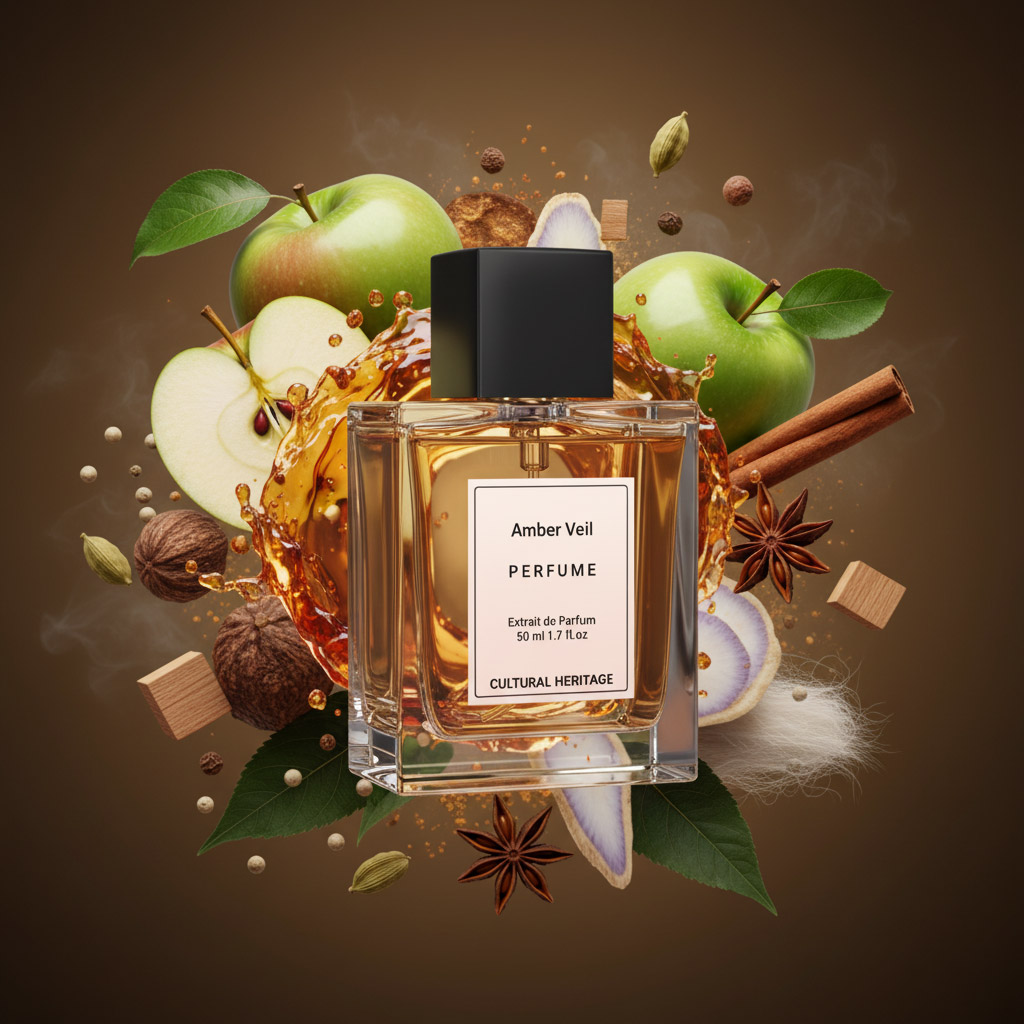 Amber Veil Radiant Glow Edition – luxury unisex amber woody oriental perfume oil inspired by Ajmal Amber Wood, with apple, cardamom, amber, cedarwood, and patchouli in a radiant minimalist design.